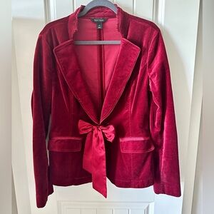 White House Black Market Ruby Red Velvet Blazer Jacket Ribbon Tie Front Size 12